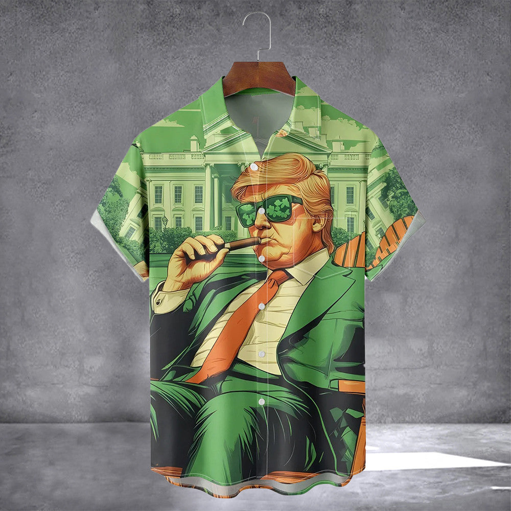 Shamrock Trump Hawaiian Shirt With Pocket St Patrick's Day Shirt Gifts For Brother - Famerry