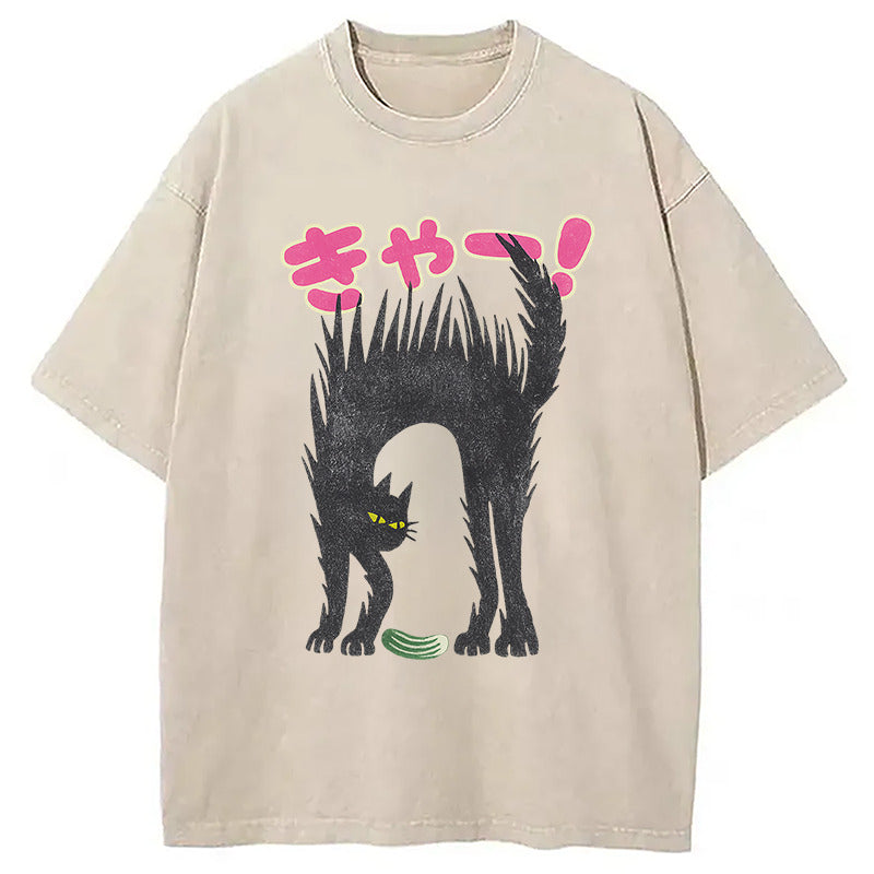 Shock Cat Washed T-Shirt Soft Cotton Daily Wear Tee Gifts For Her - Gypsysystersgift