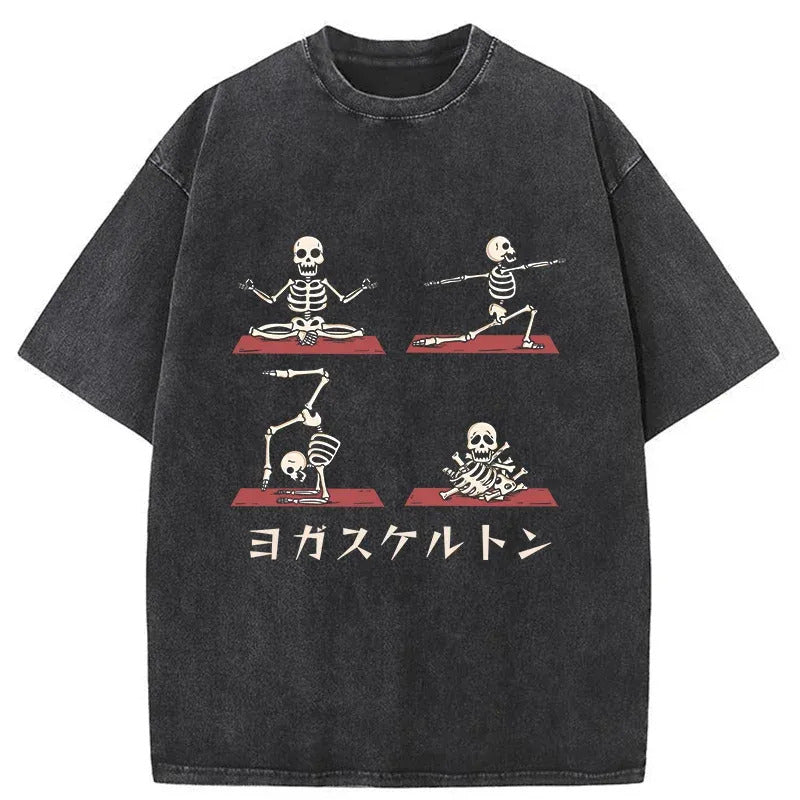 Skeleton Doing Yoga Washed T-Shirt Soft Cotton Daily Wear Tee Gifts For Him - Gypsysystersgift