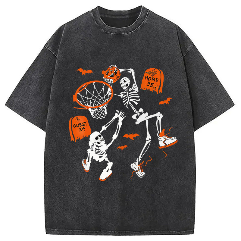 Skeleton Dunking Basketball Halloween Washed T-Shirt Trendy Everyday Casual Outfit Gifts For Her - Gypsysystersgift
