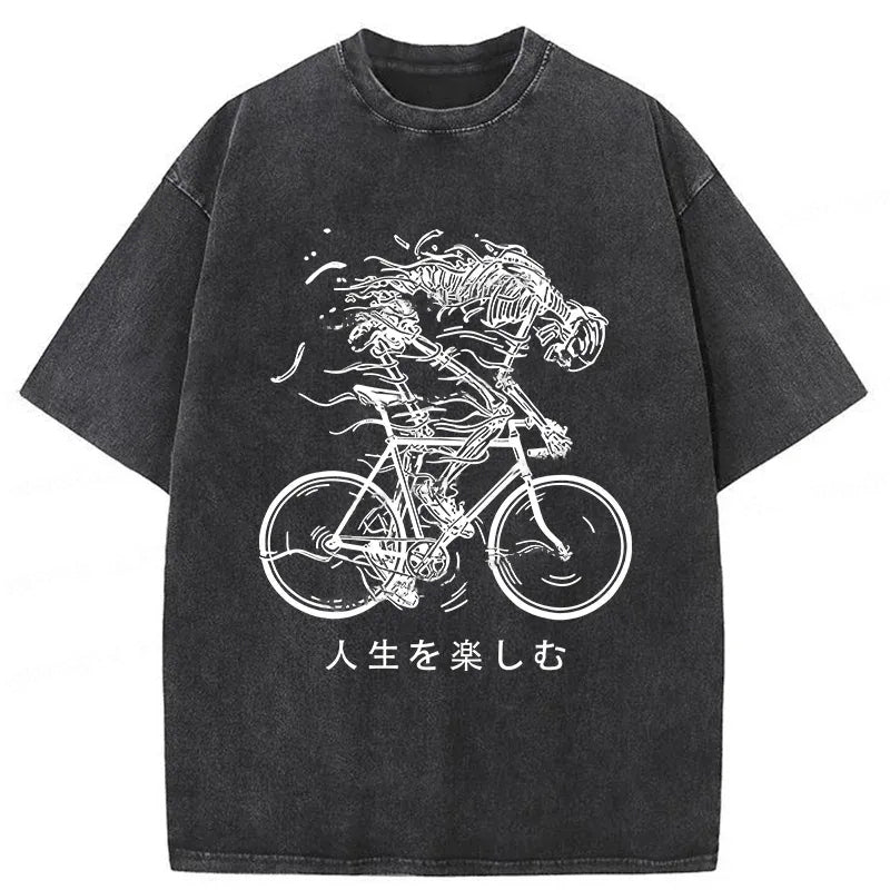 Skeleton Riding A Bicycle Washed T-Shirt Cool Graphic Tee For Men Women Gifts For Her - Gypsysystersgift