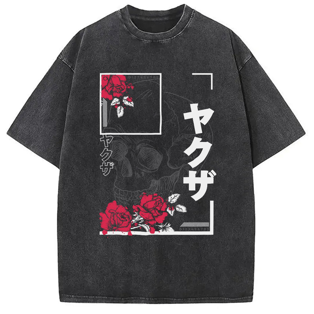 Skull And Roses Japanese Washed T-Shirt Casual Vintage Everyday Look Gifts For Him - Gypsysystersgift