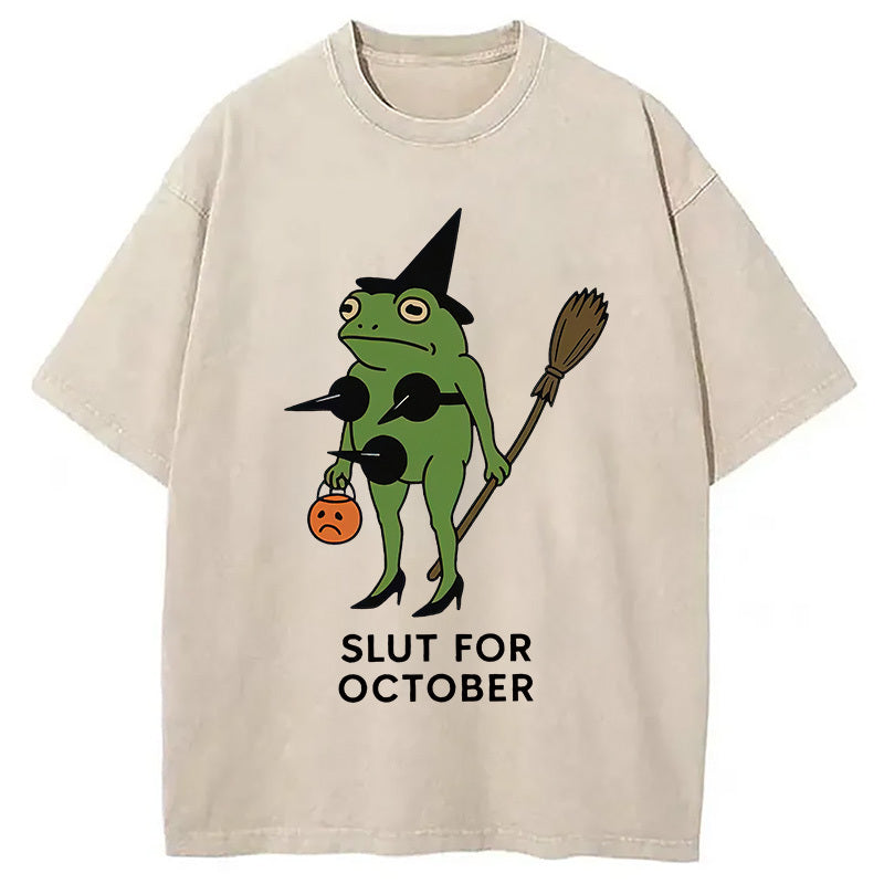 Slut For October Washed T-Shirt Retro Humor Graphic Top Gifts For BFF - Gypsysystersgift