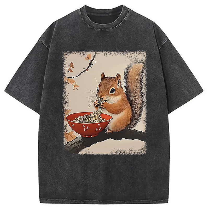 Squirrel Eating Ramen Washed T-Shirt Classic Graphic Fashion Tee Gifts For Him - Gypsysystersgift