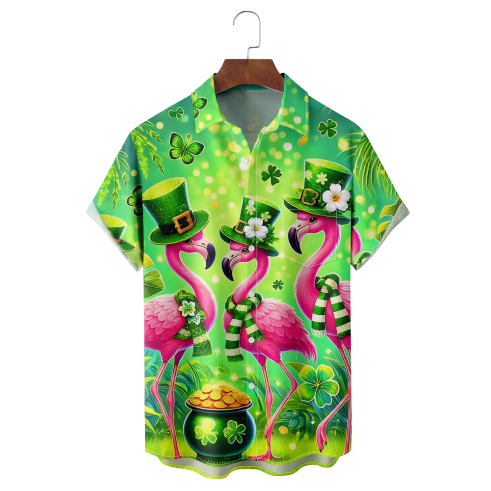 St. Patrick's Day Flamingo Hawaiian Shirt Funny Flamingo Four Leaf Clover Button Up Shirt Gifts - Famerry