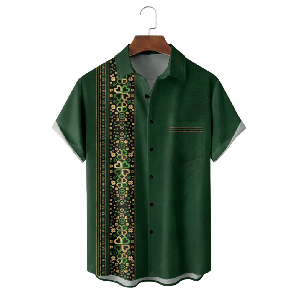 St Patrick's Day Four Leaf Clover Hawaiian Shirt Stripe Green And Gold Aloha Shirt For Men - Gypsy Systers