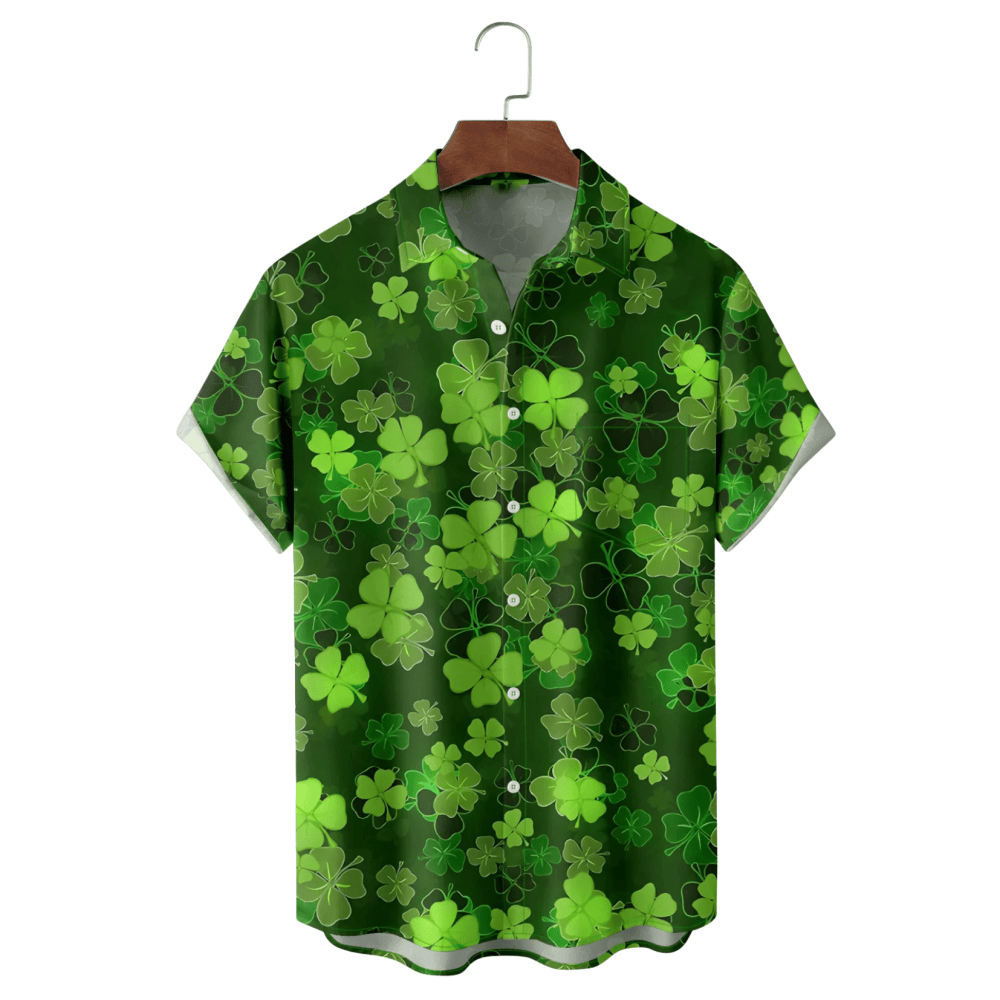 St Patrick's Day Four Leaf Clover Hawaiian Shirt Tropical Vibe Button Up Shirt St Patty Gifts - Gypsy Systers