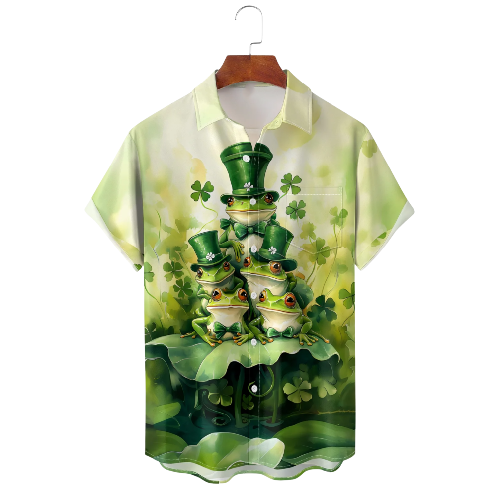 St Patrick's Day Frog Family Hawaiian Shirt Four Leaf Clover Green Button Up Shirt For Sale - Gypsy Systers