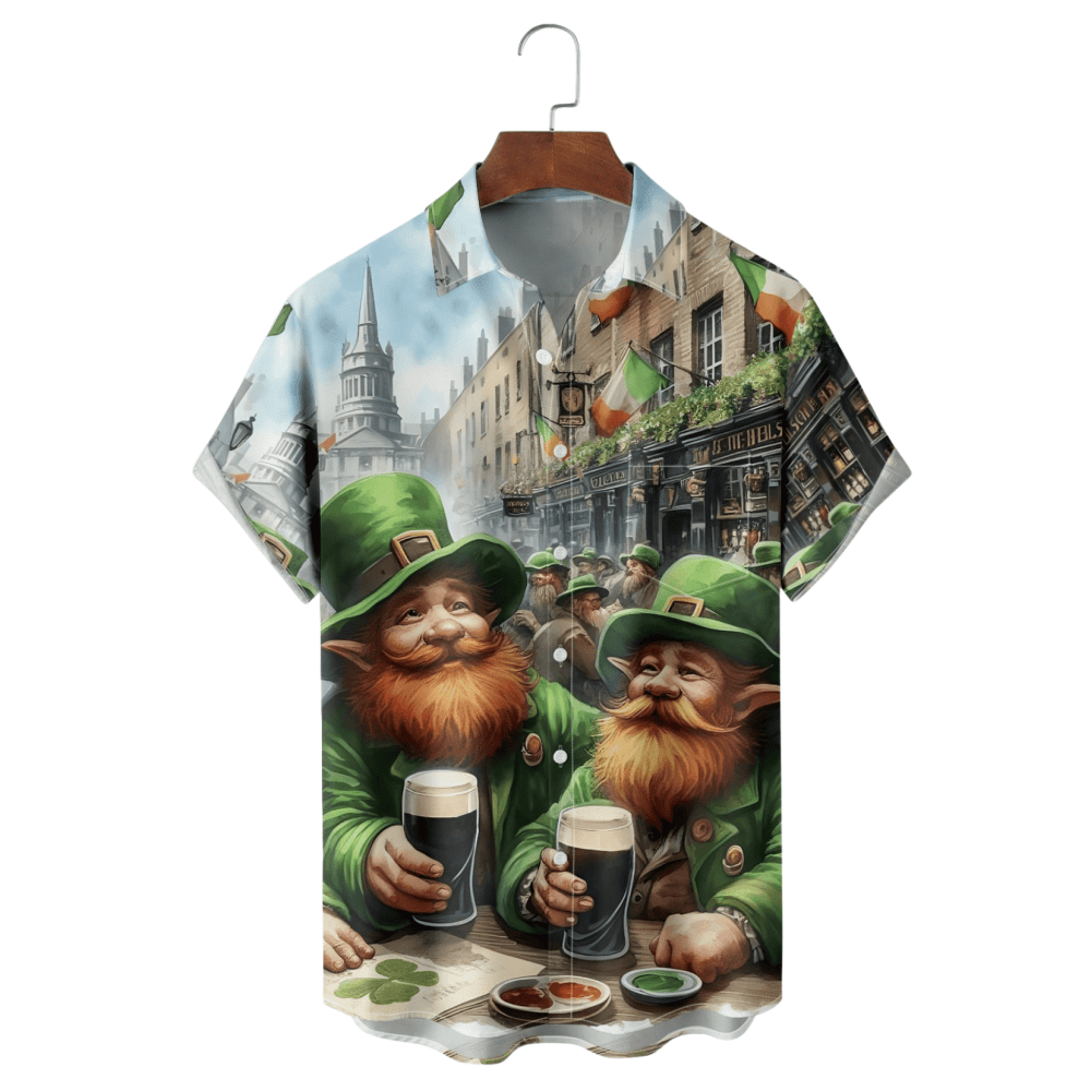 St Patrick's Day Funny Gnome Beer Hawaiian Shirt Shamrock Button Up Shirt St Pats Gifts - Famerry