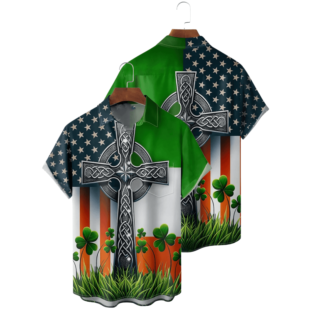 St Patrick's Day Irish Flag Hawaiian Shirt Holy Cross Button Up Shirt St Pattys Day Gifts - Gypsy Systers