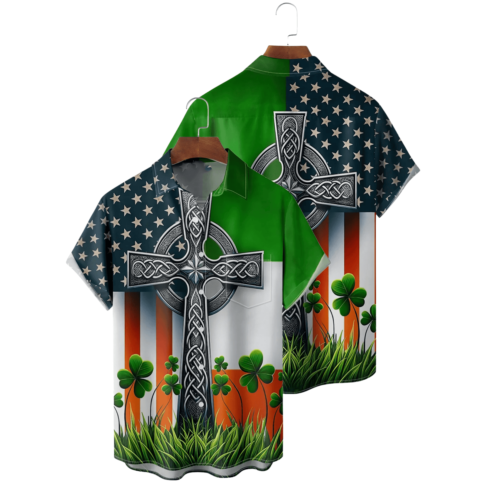 St Patrick's Day Irish Flag Hawaiian Shirt Holy Cross Button Up Shirt St Pattys Day Gifts - Famerry