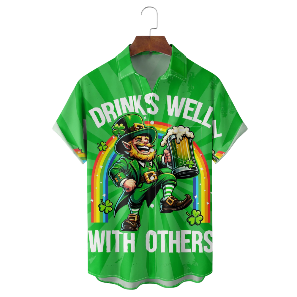 St Patrick's Day Leprechaun Hawaiian Shirt Drinks Well With Others Button Up Shirt For Sale - Famerry