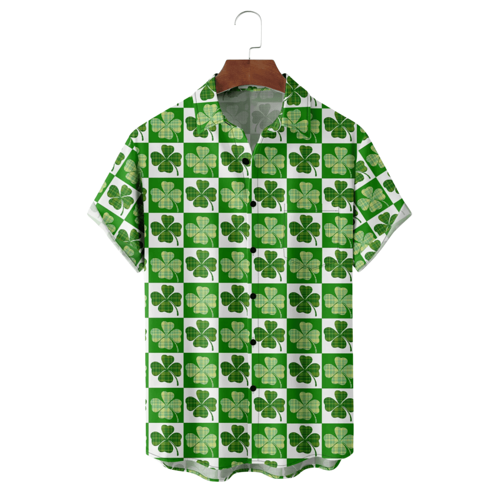 St Patrick's Day Lucky Clover Hawaiian Shirt Green Lucky Grid Aloha Shirt St Patty Gifts - Gypsy Systers