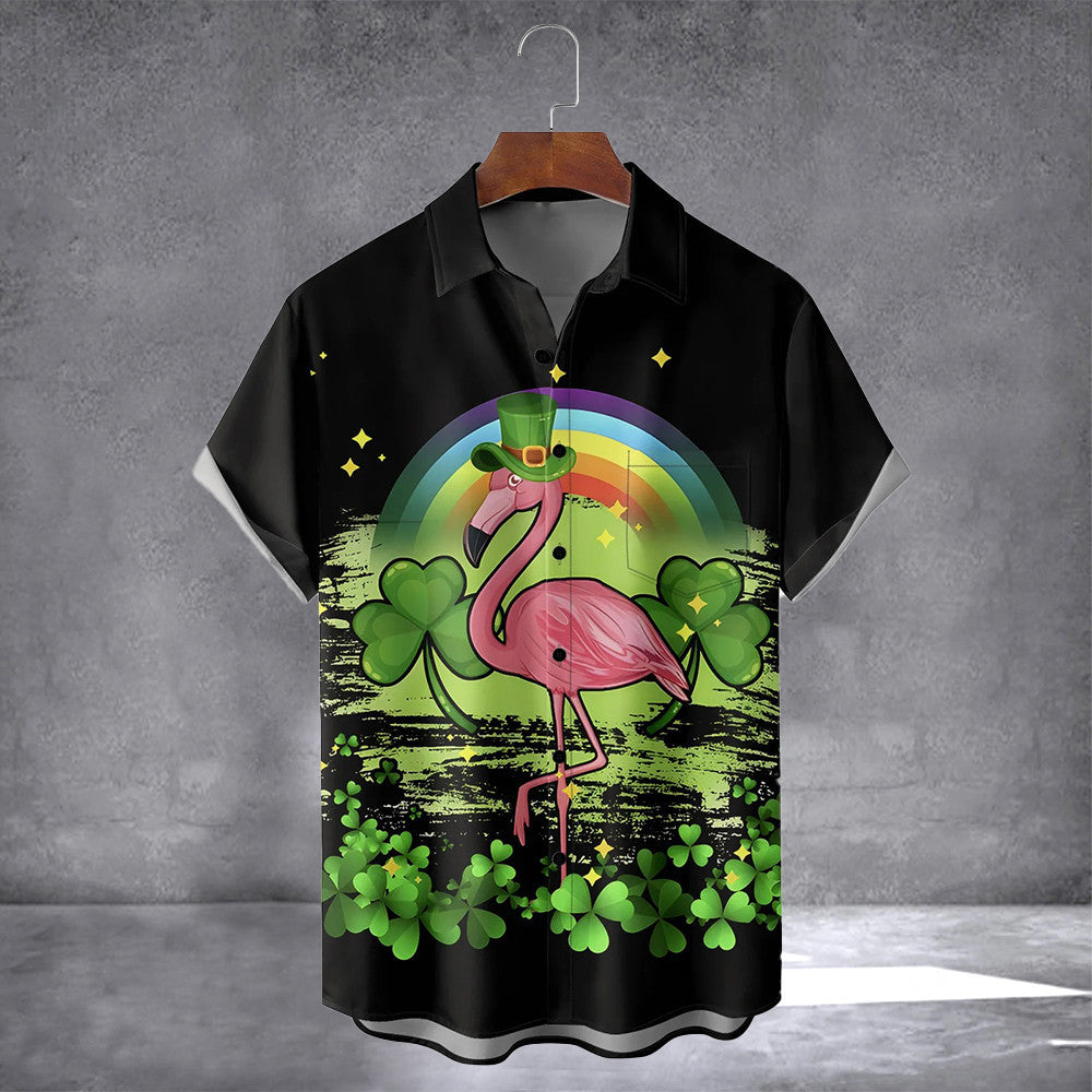 St Patrick's Day Shamrock And Flamingo Hawaiian Shirt With Pocket Flamingo Lover Irish Shirt - Famerry