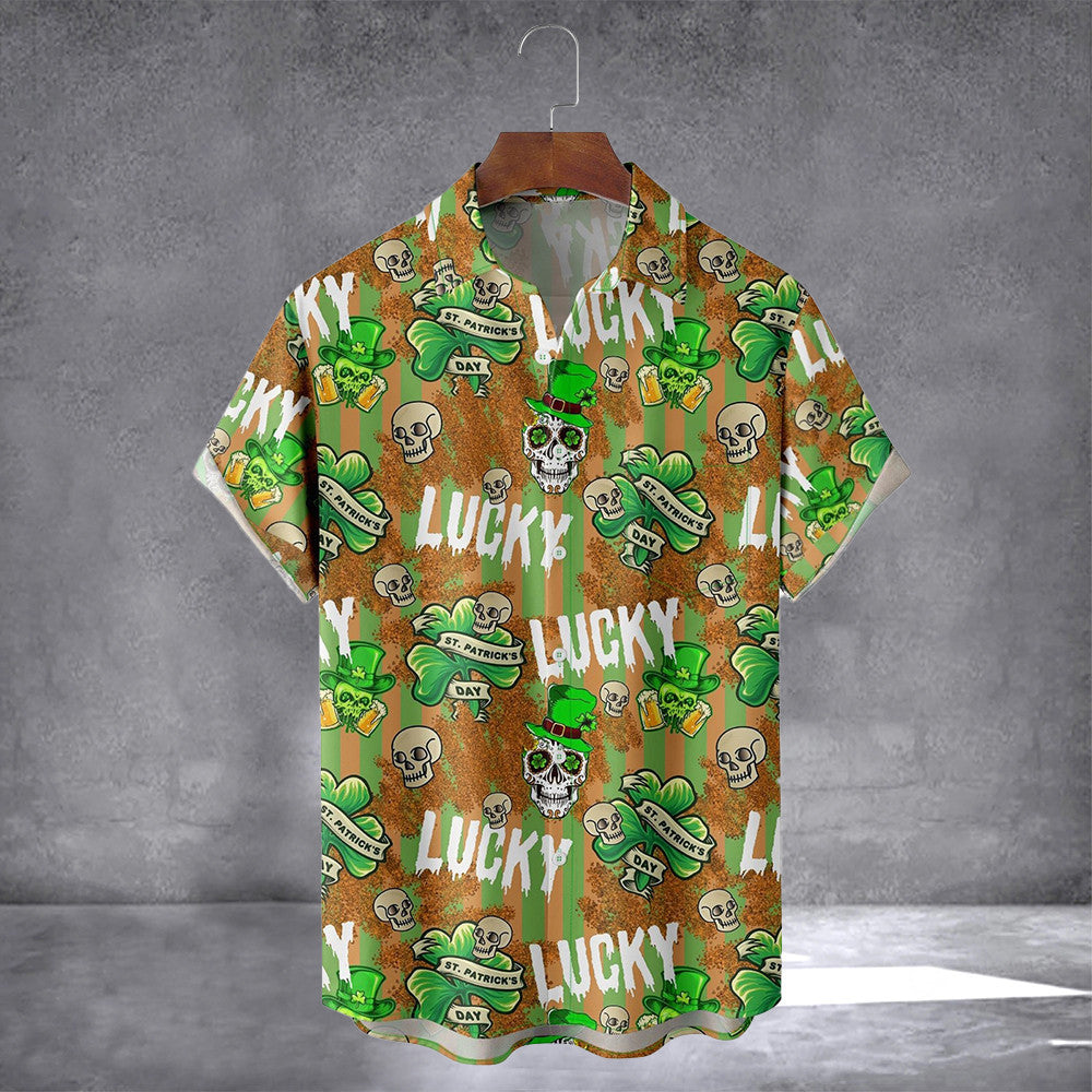 St. Patrick's Day Shamrock Beer Skull Hawaiian Shirt With Pocket Irish Button Up Shirt Gift - Famerry