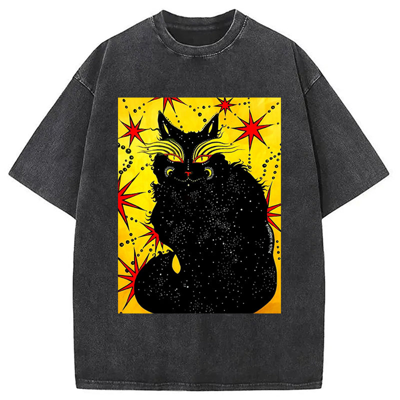Star Black Cat Washed T-Shirt Minimal Retro Graphic Clothing Gifts For Her - Gypsysystersgift