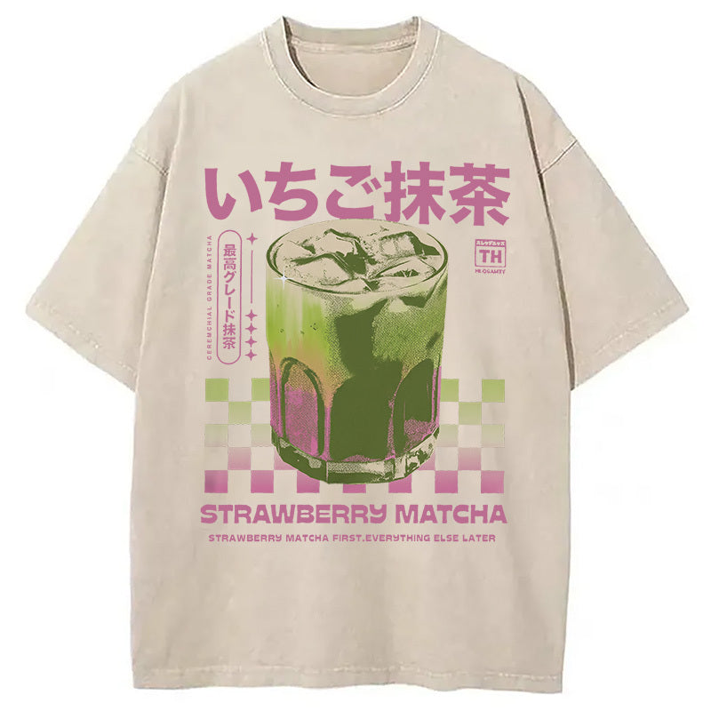 Strawberry Matcha Drink Washed T-Shirt Minimal Retro Graphic Clothing Gifts For Him - Gypsysystersgift