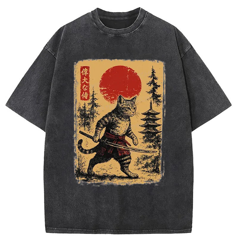 Stray Cat Samurai Washed T-Shirt Soft Comfortable Daily T Shirt Gifts For Sister - Gypsysystersgift