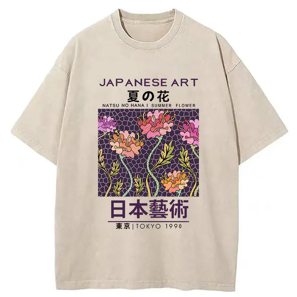Summer Flower Japanese Art Washed T-Shirt Retro Humor Outfit Idea Gifts For Her - Gypsysystersgift