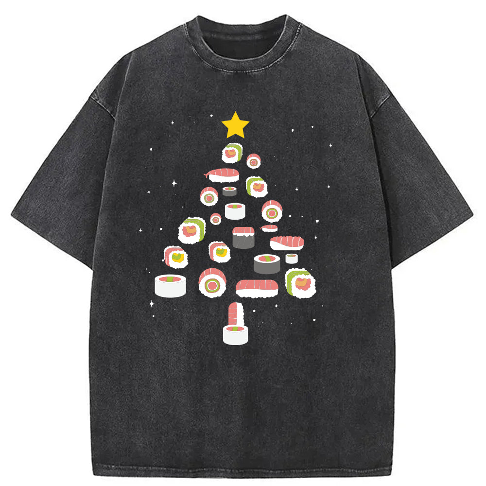 Sushi Christmas Tree Washed T-Shirt Soft Comfortable Daily T Shirt Gifts For Him - Gypsysystersgift