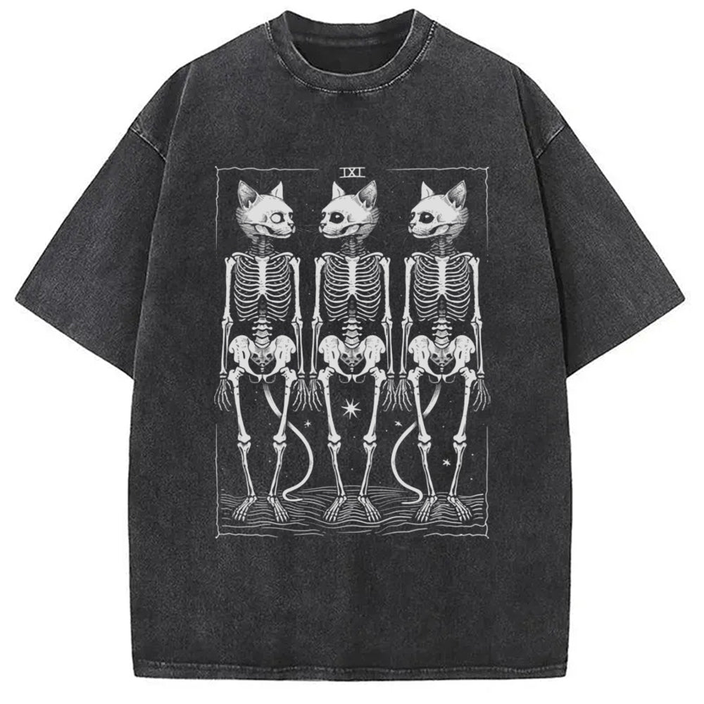 Tarot Cat Skeleton Washed T-Shirt Soft Comfortable Daily T Shirt Gifts For Him - Gypsysystersgift