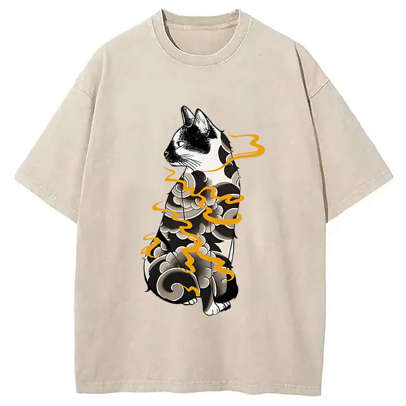 Tattoo Cat Washed T-Shirt Classic Graphic Fashion Tee Gifts For Her - Gypsysystersgift