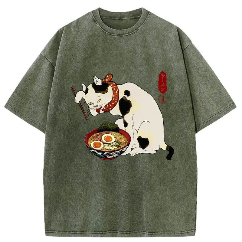 The Cat Obsessed With Ramen Washed T-Shirt Minimal Retro Graphic Clothing Gifts For Him - Gypsysystersgift