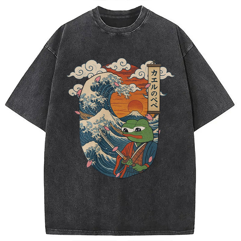 The Frog Great Wave Off Kanagawa Fren Meme Washed T-Shirt Funny Graphic Gift For Friends Gifts For Him - Gypsysystersgift