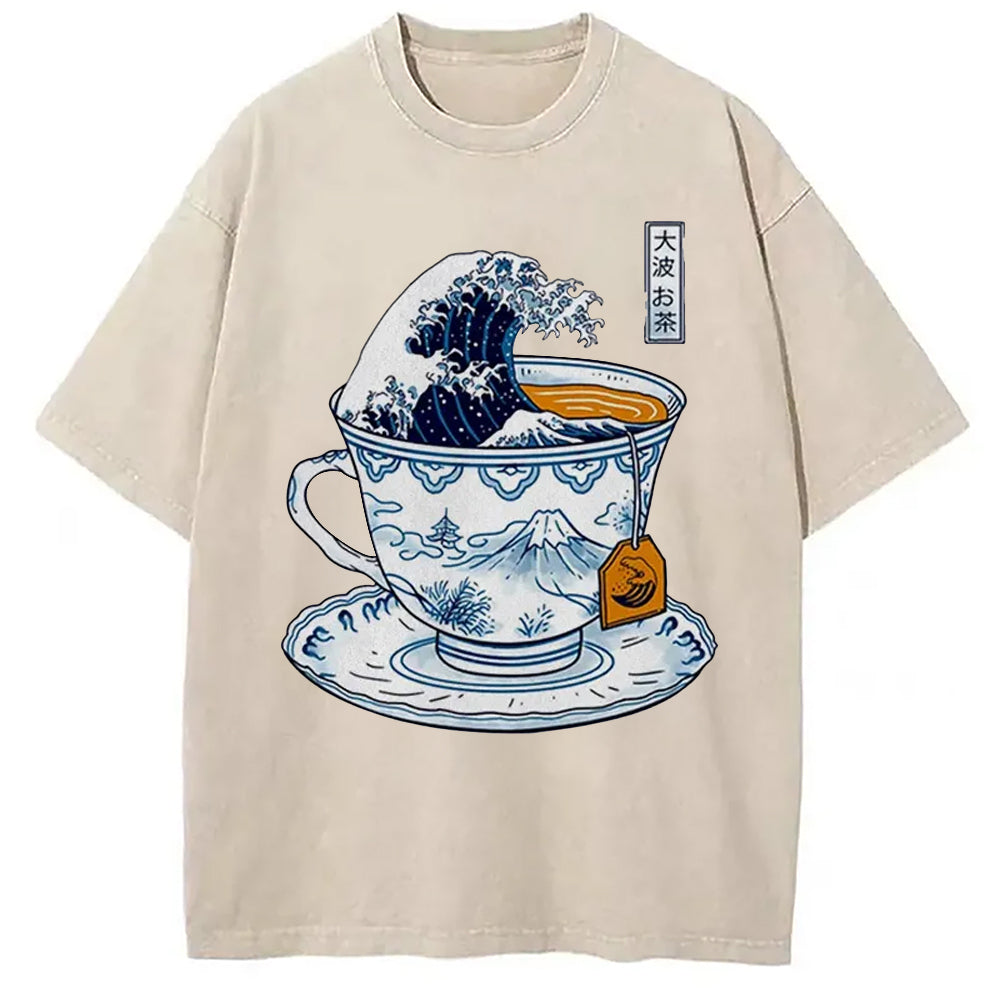 The Great Kanagawa Tea Japan Culture Creative Washed T-Shirt Soft Cotton Daily Wear Tee Gifts For Him - Gypsysystersgift