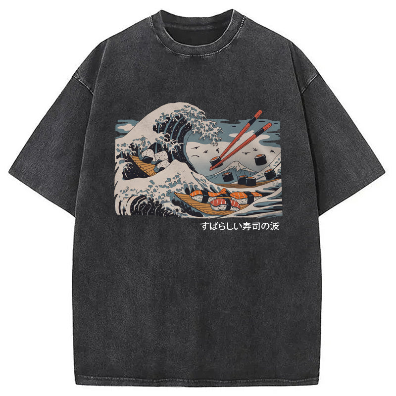 The Great Sushi Wave Washed T-Shirt Casual Oversized Outfit Style Gifts For Friends - Gypsysystersgift