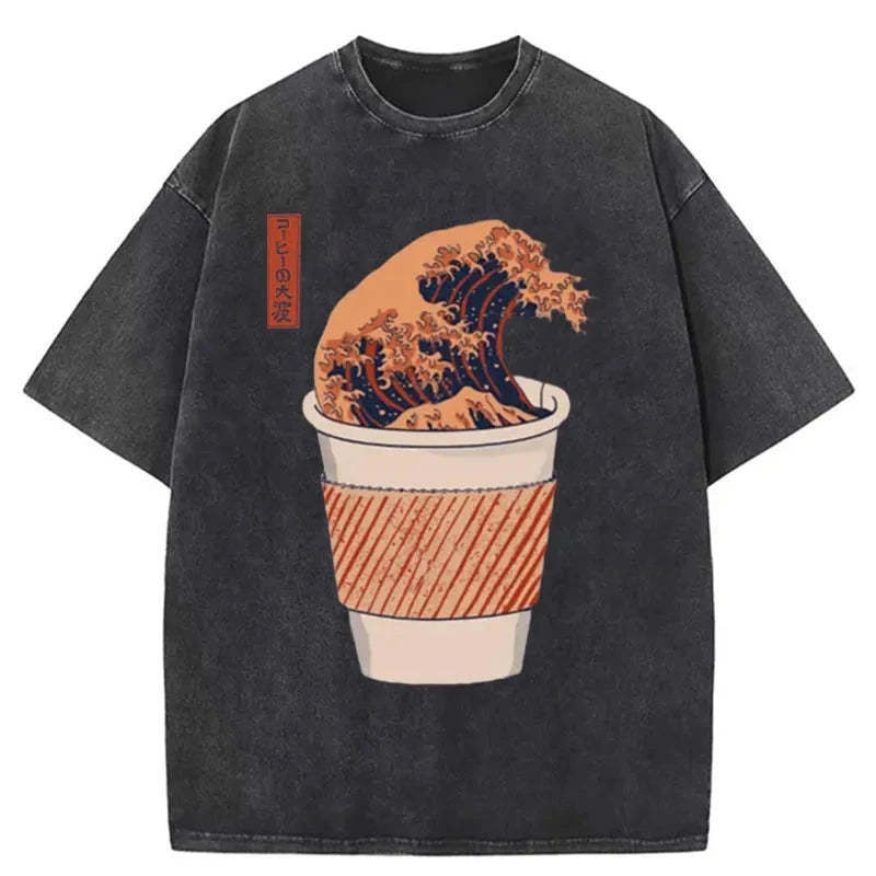 The Great Wave of Coffee Washed T-Shirt Retro Humor Graphic Top Gifts For Her - Gypsysystersgift