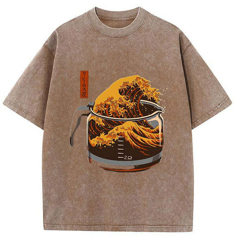 The Great Wave Off Coffee Japanese Washed T-Shirt Minimal Retro Graphic Clothing Gifts For Her - Gypsysystersgift