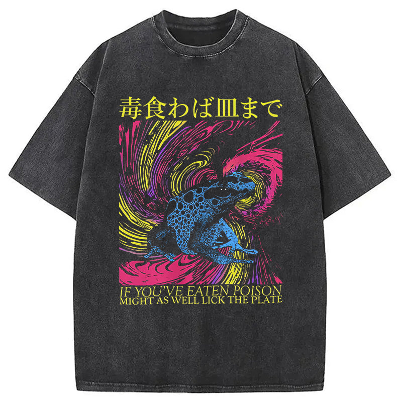 The Plate Funny Frog Japanese Washed T-Shirt Unisex Streetwear Graphic Style Gifts For Him - Gypsysystersgift