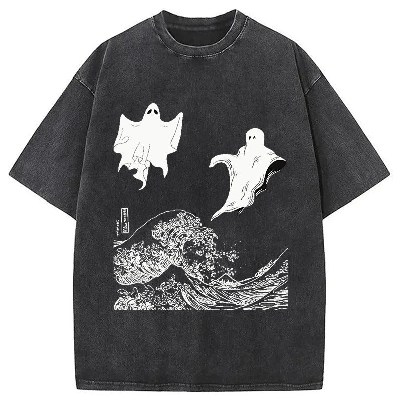 The Wave and Ghosts Washed T-Shirt Cool Graphic Tee For Men Women Gifts For Him - Gypsysystersgift