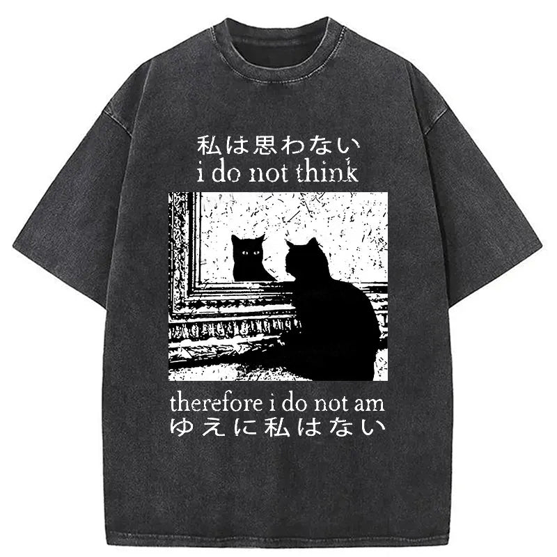 Thinking Cat Washed T-Shirt Retro Streetwear Graphic Top Gifts For Her - Gypsysystersgift