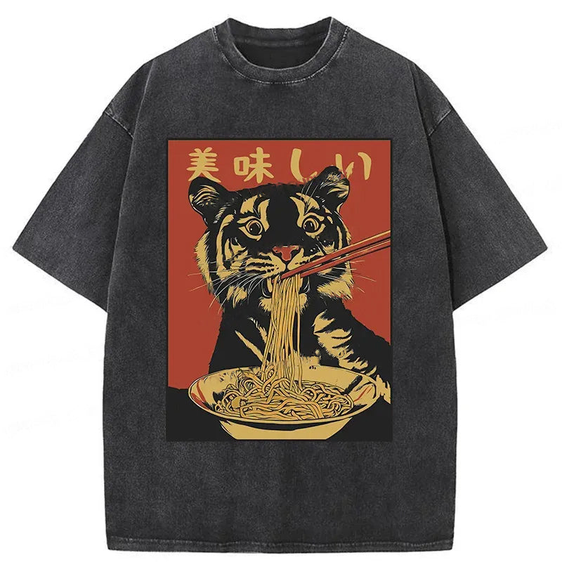 Tiger Eating Delicious Ramen Washed T-Shirt Retro Streetwear Graphic Top Gifts For Him - Gypsysystersgift