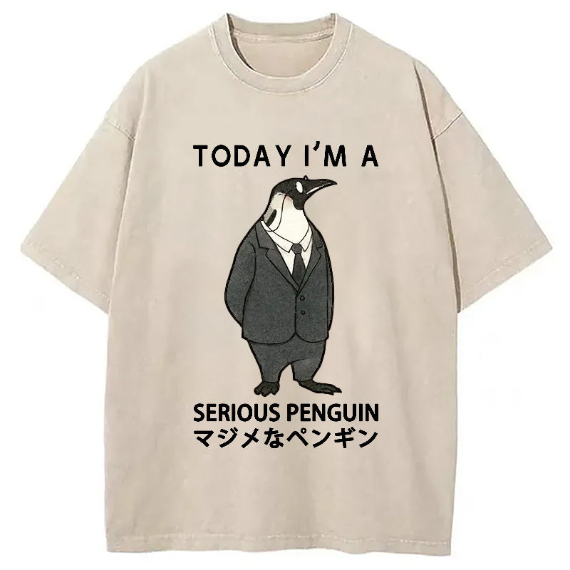 Today I'm A Serious Penguin Washed T-Shirt Retro Streetwear Graphic Top Gifts For Brother - Gypsysystersgift