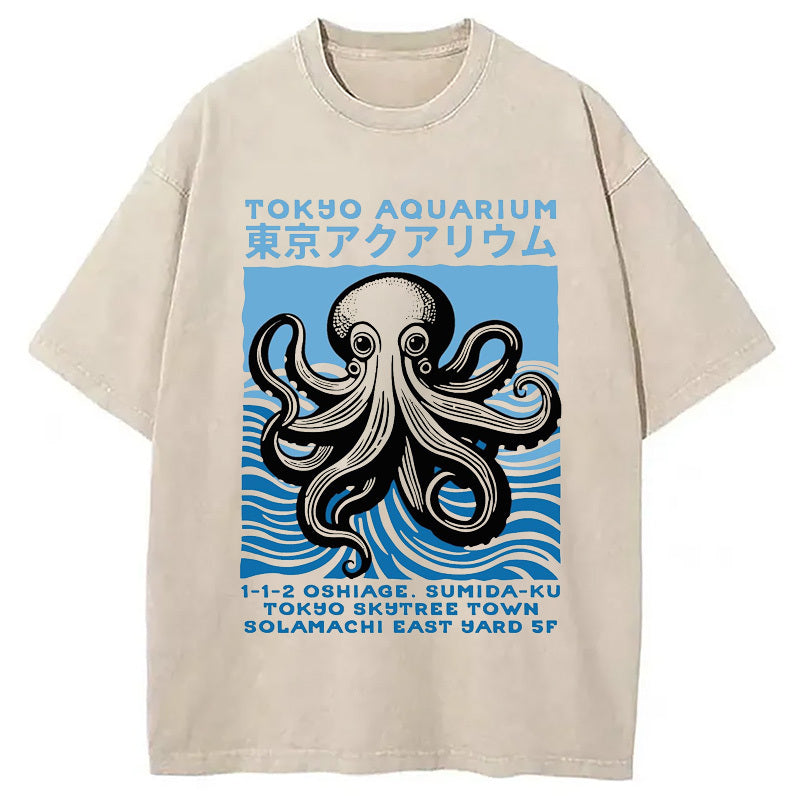 Tokyo Aquarium Octopus Washed T-Shirt Casual Vintage Everyday Look Gifts For Best Friend - Gypsysystersgift