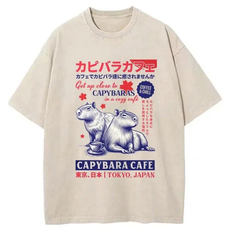Tokyo Japan Capybara Cafe Washed T-Shirt Classic Graphic Fashion Tee Gifts For Him - Gypsysystersgift