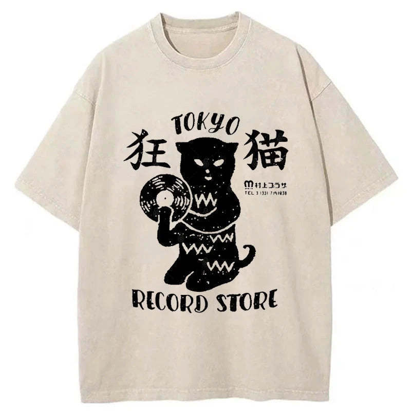 Tokyo Record Store Cat CD Washed T-Shirt Unique Aesthetic Fashion Tee Gifts For Him - Gypsysystersgift
