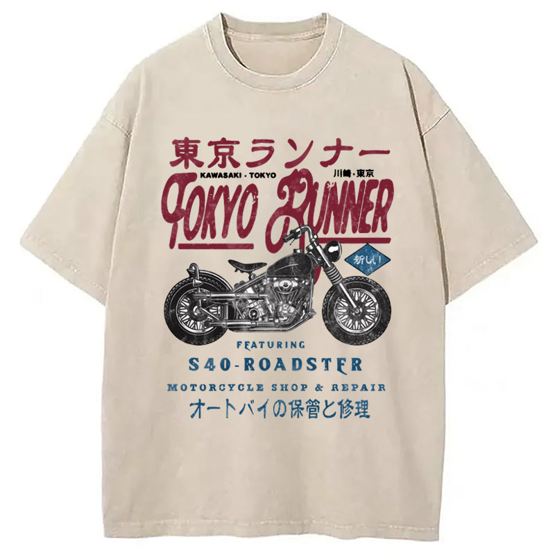 Tokyo Runner Motorcycle Washed T-Shirt Trendy Aesthetic Graphic Apparel Gifts For Him - Gypsysystersgift