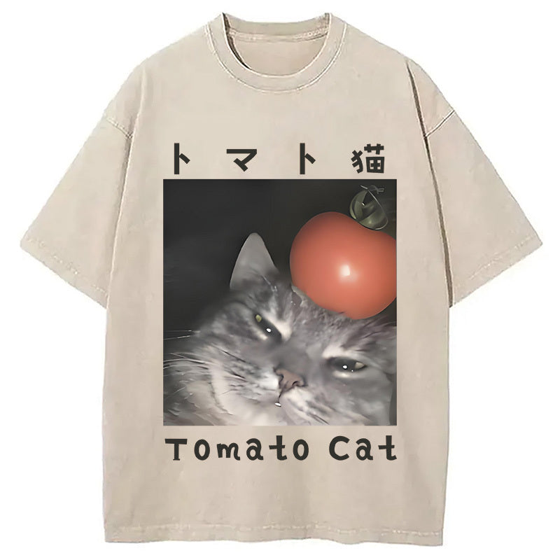 Tomato Cat Washed T-Shirt Cool Urban Street Style Shirt Gifts For Her - Gypsysystersgift
