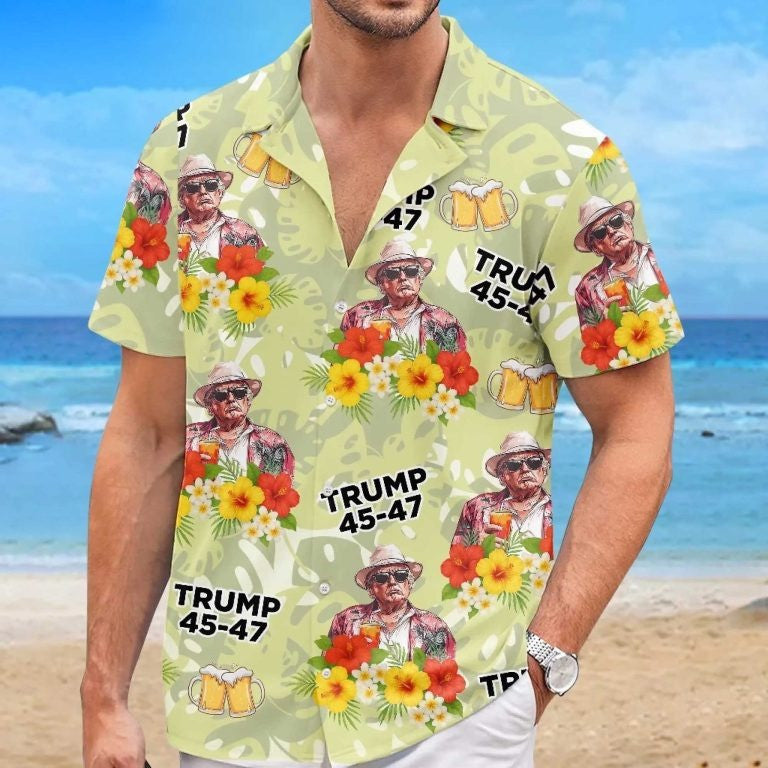 Trump 45 47 Hawaiian Shirt Beer Donald Trump Merch Tropical Aloha Shirt Gifts For Him - Famerry