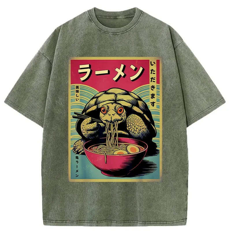 Turtle Eating Ramen Washed T-Shirt Everyday Comfort Graphic Shirt Gifts For Her - Gypsysystersgift
