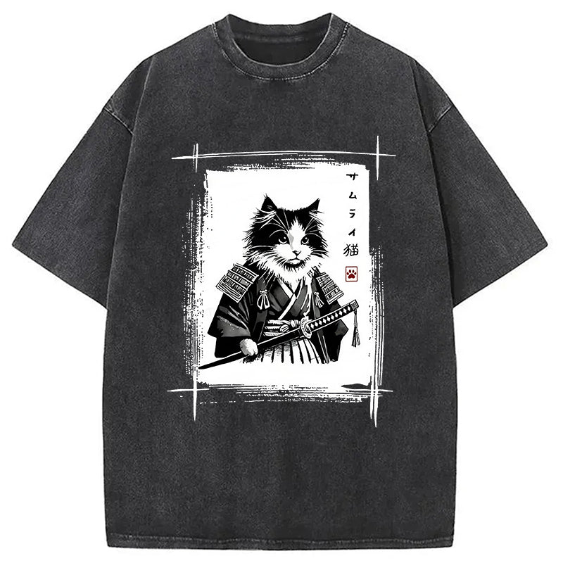 Tuxedo Samurai Cat Washed T-Shirt Cool Graphic Tee For Men Women Gifts For Her - Gypsysystersgift