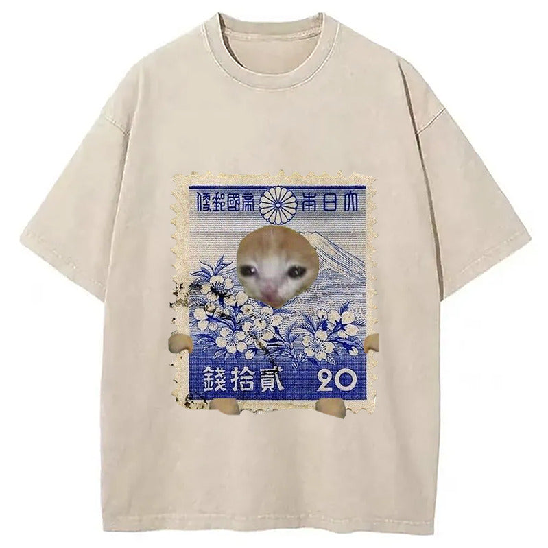 Ukiyo-e Cat Meme Washed T-Shirt Retro Humor Outfit Idea Gifts For Her - Gypsysystersgift