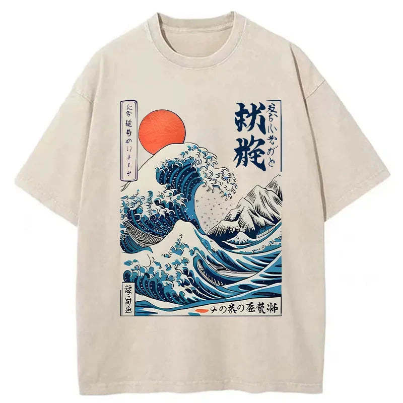 Ukiyo-e Ocean Waves Japan Washed T-Shirt Retro Humor Outfit Idea Gifts For Him - Gypsysystersgift