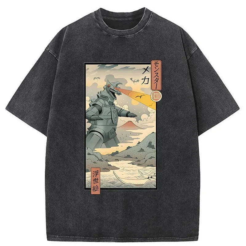 Ukiyo-e Robot Monster Washed T-Shirt Retro Streetwear Graphic Top Gifts For Him - Gypsysystersgift