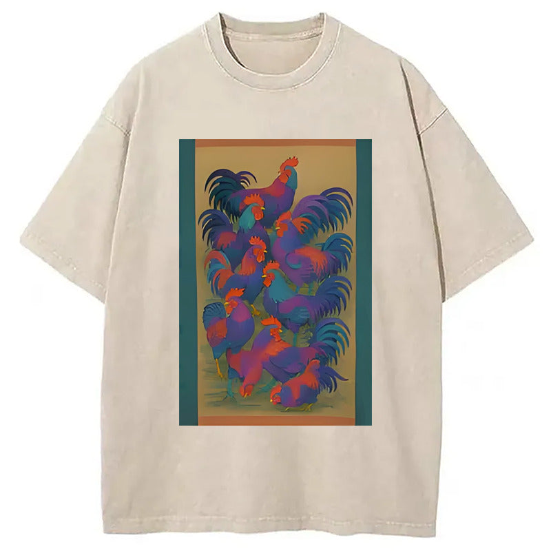 Ukiyo-e Rooster Japanese Art Washed T-Shirt Classic Graphic Fashion Tee Gifts For Sister - Gypsysystersgift