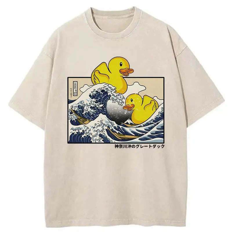 Ukiyoe Waves And Cute Yellow Duck Washed T-Shirt Everyday Comfort Graphic Shirt Gifts For Besties - Gypsysystersgift
